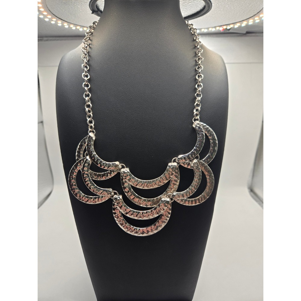 Hammered Silver Tone Tiered Crescent Bib Necklace Bohemian Statement Jewelry